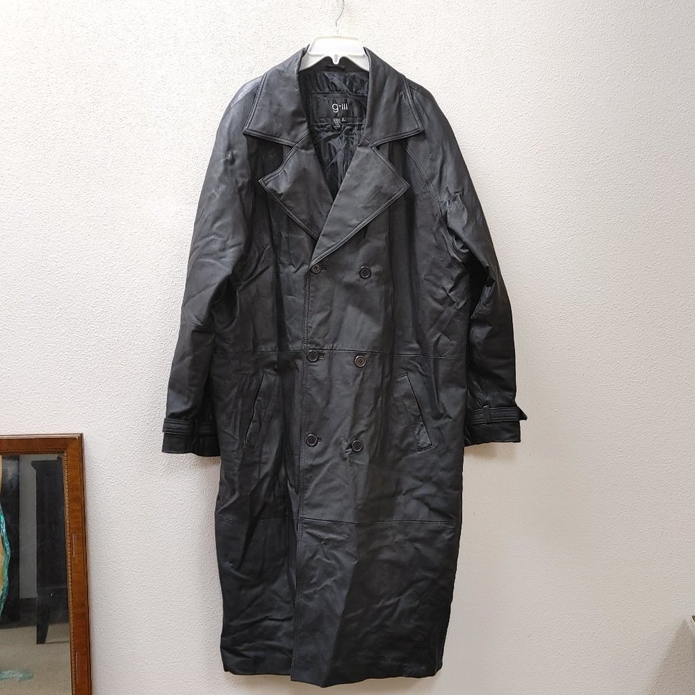 G III Black Leather Trench Coat Duster, size XL